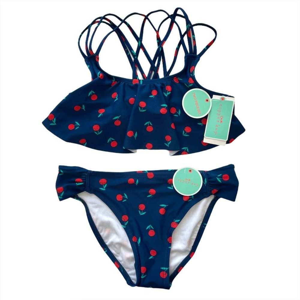 KIDS GIRLS Navy Blue & Red Cherry Print Bikini Swimsuit SET - Size 6